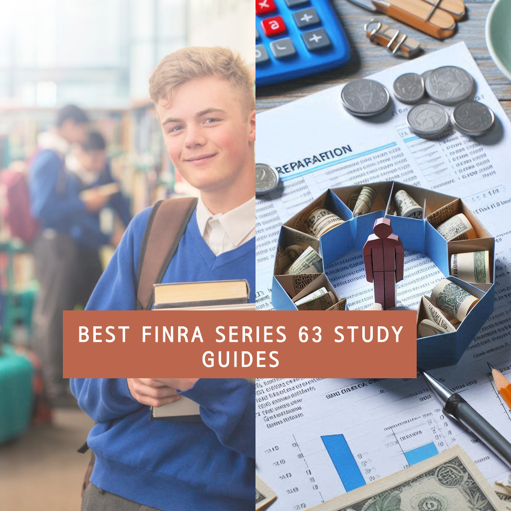 Image featuring the text 'Best FINRA Series 63 Study Guides' with additional elements depicting exam preparation